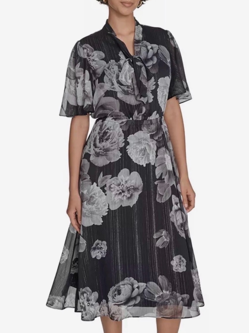 Calvin Klein Black and Gray Floral Tie-Neck Midi Dress
